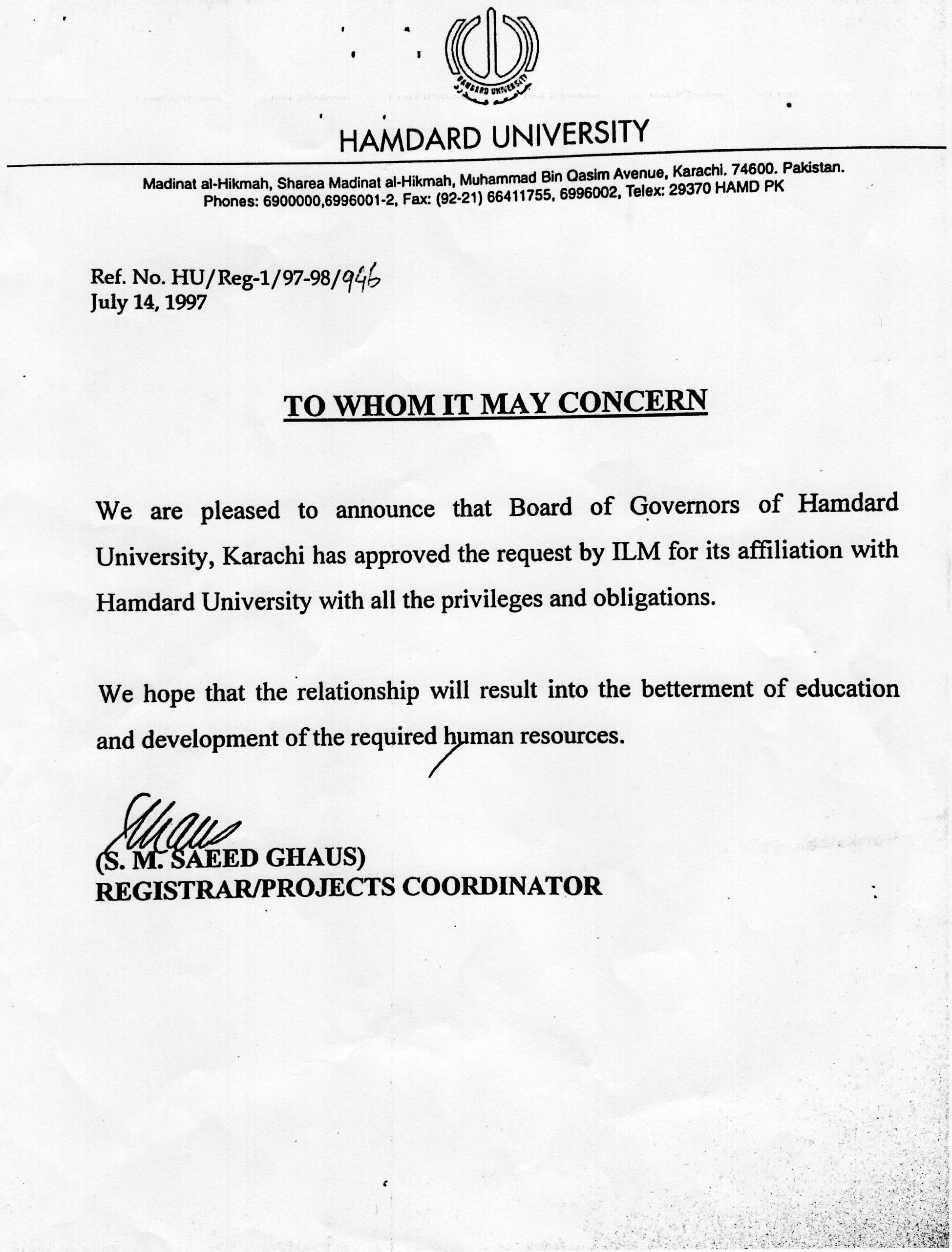 MOU Hasan Sohaib Murad Memoral MOU Hasan Sohaib Murad Memoral